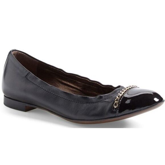 AGL Black Leather Bijoux Chain Embellished Patent Cap Toe Ballet Flat SZ 36 - Picture 12 of 12